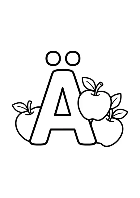Großes, gut lesbares Ä auf einer Vorschul-Buchstabenkarte mit einem einfachen Apfel