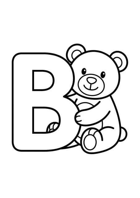 Ausmalbild mit Deutsch-Buchstabe B und Bär als schwarz-weiße Linienzeichnung