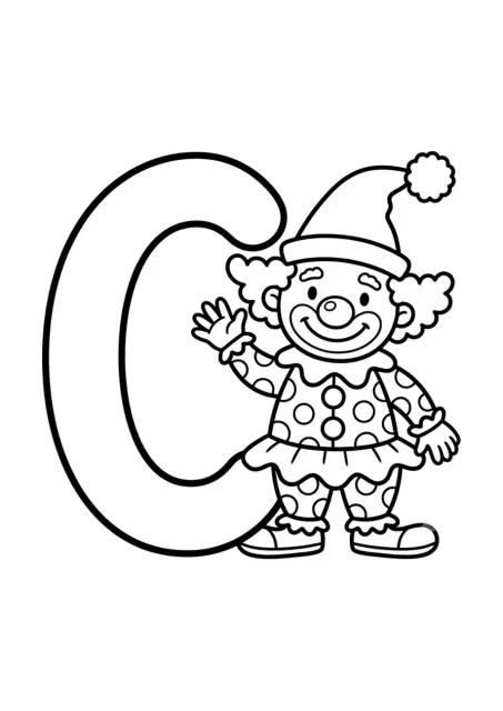Vorschul-Ausmalbild mit großem, klar geformtem Buchstaben C und einem einfachen Clown
