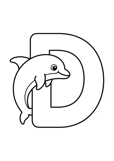 Großer, klar lesbarer Buchstabe D mit einem einfachen Delfin als Linienzeichnung