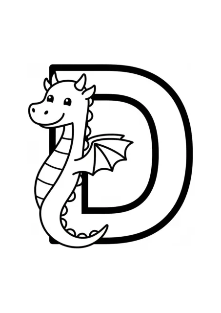 Vorschul-Lernkarte zum Ausmalen mit einem großen, klaren Großbuchstaben D und einem süßen, einfachen Cartoon-Drachen, dessen geschwungener Körper die runde Form des D aufgreift.