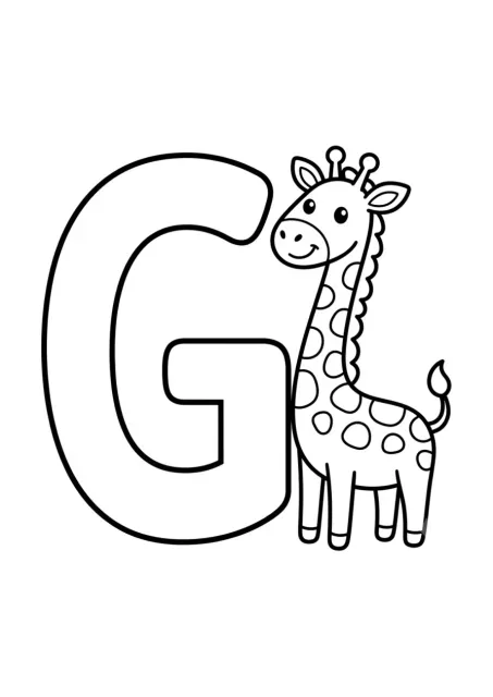 Großer, deutlich geformter Großbuchstabe G neben einer einfachen Giraffe zum Erlernen des Alphabets im Vorschulalter