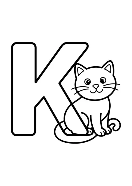 Großer Großbuchstabe K mit einer einfachen Katze als Lernmotiv für Vorschulkinder.