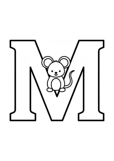 Vorschul-Ausmalkarte mit einem großen, symmetrischen Großbuchstaben M und einer niedlichen Cartoon-Maus, die daneben sitzt
