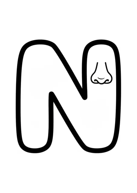 Großer, runder Bubble-Buchstabe N mit einem kleinen Nasen-Symbol daneben, umgeben von viel weißem Platz zum Ausmalen