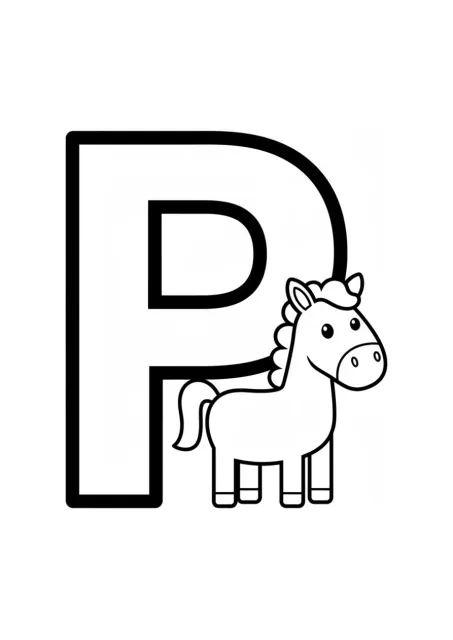 Ausmalbild mit einem großen Großbuchstaben P und einem niedlichen Cartoon-Pferd, das hinter dem Bauch des Buchstabens hervorlugt