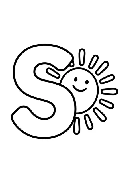 Ausmalbild mit Deutsch-Buchstabe S und Sonne als schwarz-weiße Linienzeichnung