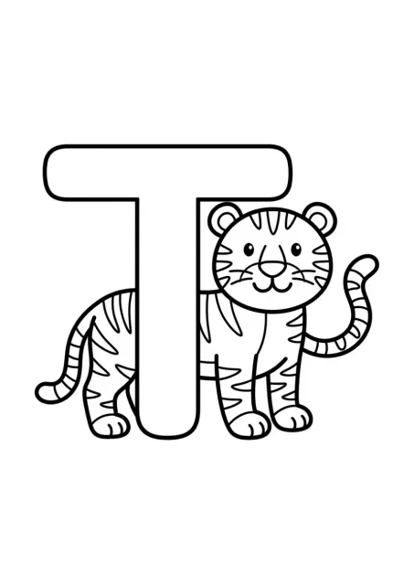 Vorschulmotiv mit großem, gut lesbarem Großbuchstaben T und einem einfachen Tiger, ohne ausgeschriebenes Beispielwort.