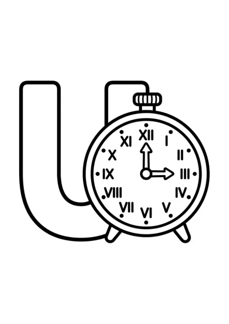 Großer, klar geformter Buchstabe U mit einer einzelnen einfachen Uhr, ohne ausgeschriebenes Beispielwort.