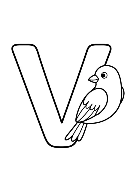 Großer Großbuchstabe V mit einem einfachen Vogel als klare Linienzeichnung für Vorschulkinder.