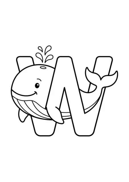 Ausmalbild mit Deutsch-Buchstabe W und Wal als schwarz-weiße Linienzeichnung