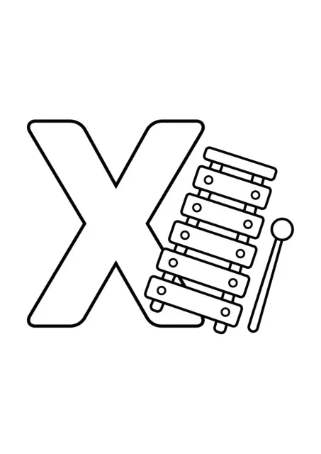 Ausmalbild mit Deutsch-Buchstabe X und Xylophon als schwarz-weiße Linienzeichnung