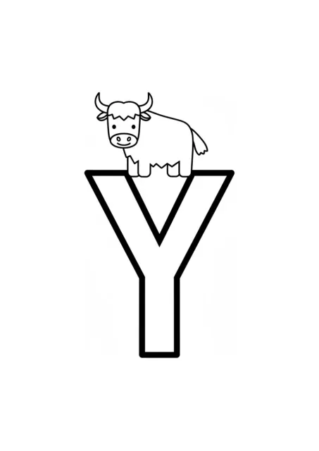 Vorschul-Ausmalkarte mit einem großen, klaren Großbuchstaben Y und einem süßen Cartoon-Yak, dessen Hörner die oberen Arme des Y aufgreifen.
