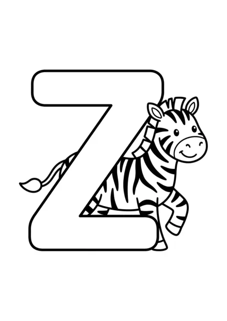 Ausmalbild mit Deutsch-Buchstabe Z und Zebra als schwarz-weiße Linienzeichnung