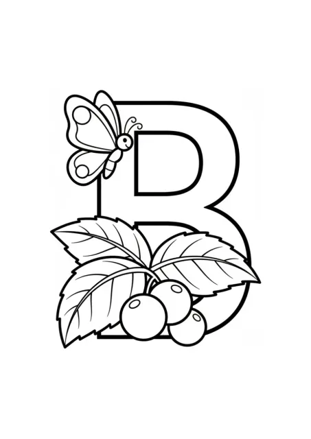 Large uppercase letter B as the central shape with a smiling butterfly and big berry leaves decorating it, preschool alphabet coloring page, no shading or border