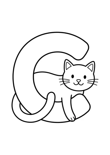 Preschool coloring page showing a large clear letter C beside one simple cat