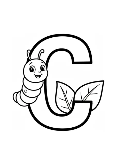 Large uppercase letter C with a cute caterpillar curving alongside it and two big leaves, no shading or border