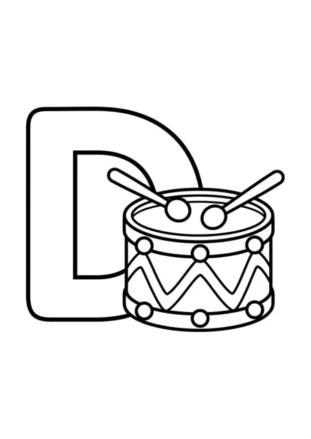 Preschool coloring page showing a large readable capital letter D with one simple drum beside it