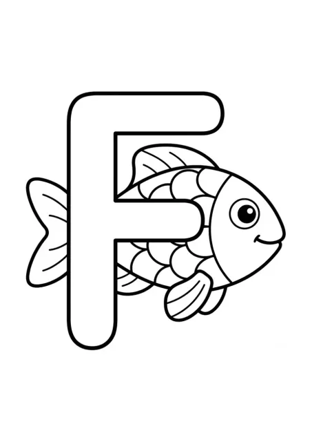 Large uppercase letter F beside a simple fish in clean preschool line art