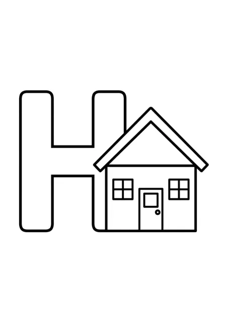 Large uppercase letter H beside one simple house outline for preschool English learning.