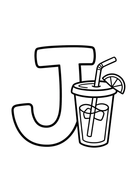 Large clearly shaped uppercase letter J beside one simple juice cup for preschool English practice.