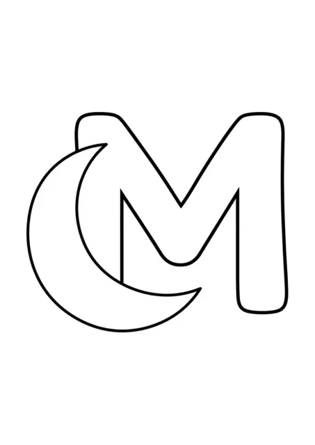 Preschool coloring page showing a large readable letter M beside one simple crescent moon