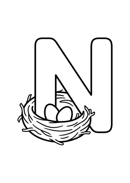 Large uppercase letter N beside one simple bird nest, with no written word shown.