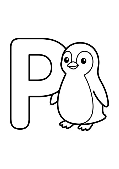 Large uppercase letter P with one simple penguin beside it for a preschool English coloring activity.