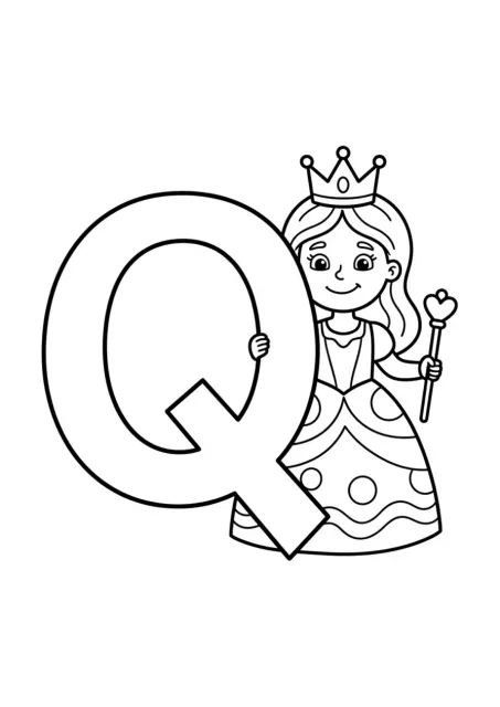 Large uppercase letter Q beside a simple smiling queen wearing a crown