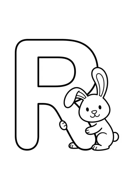 Preschool learning coloring page showing a large clear uppercase R beside one simple rabbit.