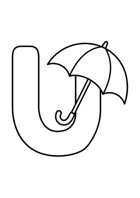 Large uppercase letter U beside one simple umbrella for preschool English letter practice