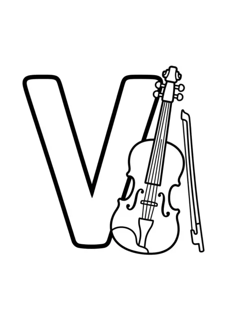 Large uppercase letter V beside a simple violin for a preschool English alphabet activity.