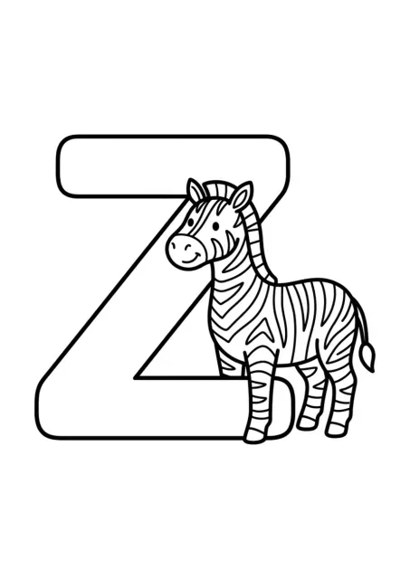 Large uppercase letter Z beside one simple zebra in clean black-and-white line art.