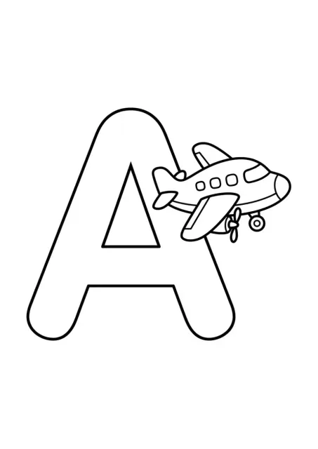 Tarjeta preescolar con una letra A mayúscula grande y un avión simple, sin la palabra de ejemplo escrita.