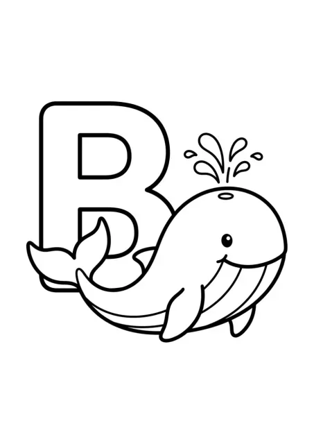 Letra B mayúscula grande y fácil de leer con una ballena sencilla para niños de preescolar.