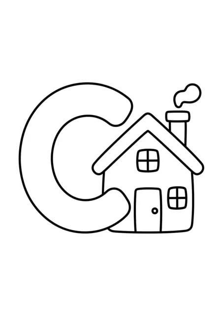 Letra C grande y clara junto a una casa sencilla para una actividad preescolar.