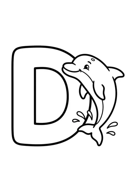 Ficha para colorear de preescolar con una letra D mayúscula grande y un delfín simple, sin la palabra escrita.
