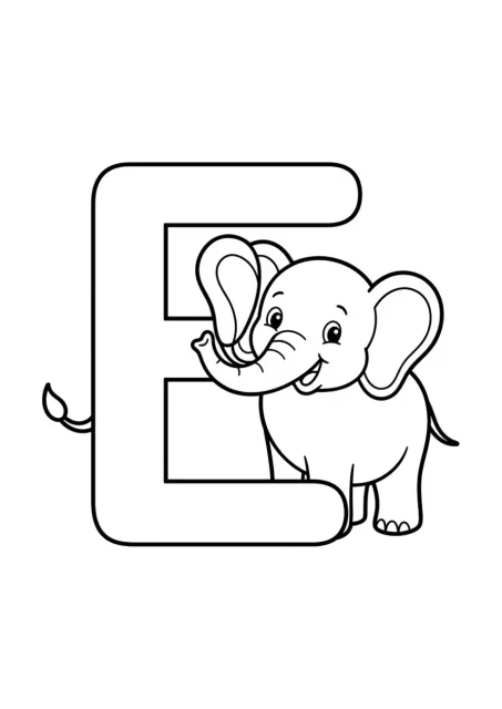 Letra E mayúscula grande y bien formada con un elefante simple para colorear
