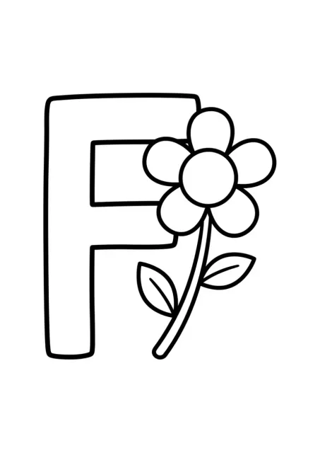 Letra F mayúscula grande y bien definida con una flor simple al lado para una actividad preescolar.