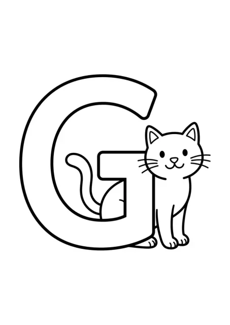 Letra G mayúscula grande y claramente reconocible acompañada por un gato sencillo.