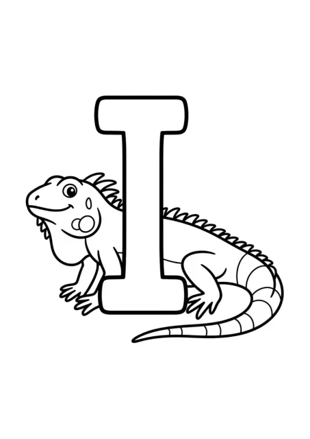 Página para colorear de preescolar con una letra I mayúscula grande y una iguana sencilla