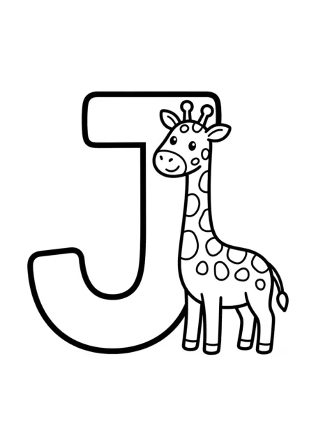 Página para colorear de preescolar con una letra J grande y fácil de leer y una jirafa sencilla.