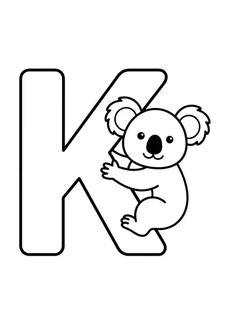 Letra K mayúscula grande junto a un koala sencillo en dibujo de líneas en blanco y negro