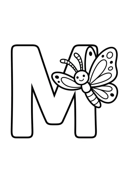 Letra M mayúscula grande junto a una mariposa simple para actividad preescolar.