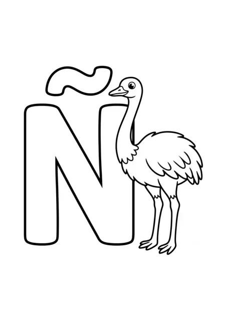 Letra Ñ mayúscula grande y bien formada junto a un ñandú sencillo para colorear.