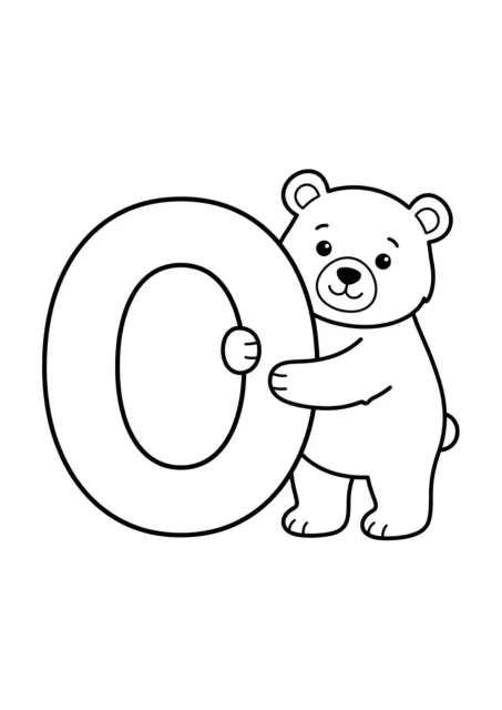 Tarjeta preescolar con una letra O grande y bien formada y un oso simple, sin la palabra escrita.