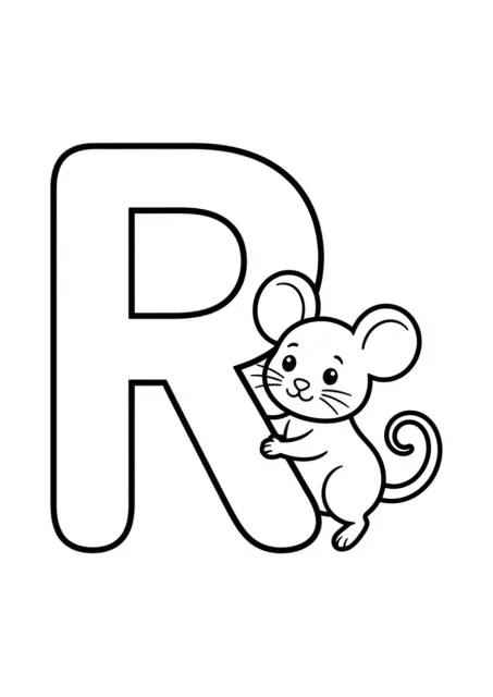 Letra R mayúscula grande y muy legible con un ratón simple para una actividad preescolar en español.