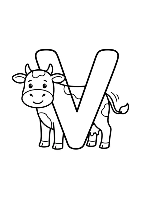 Letra V mayúscula grande junto a una vaca simple, sin la palabra escrita.