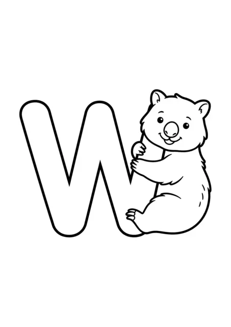 Tarjeta preescolar con una letra W grande y legible y un wombat sencillo, sin mostrar la palabra escrita.
