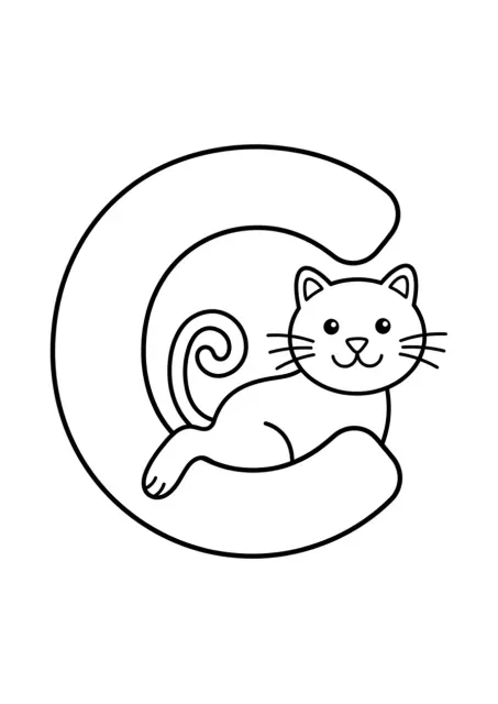 Coloriage avec la lettre C en Français et Chat en dessin au trait noir et blanc